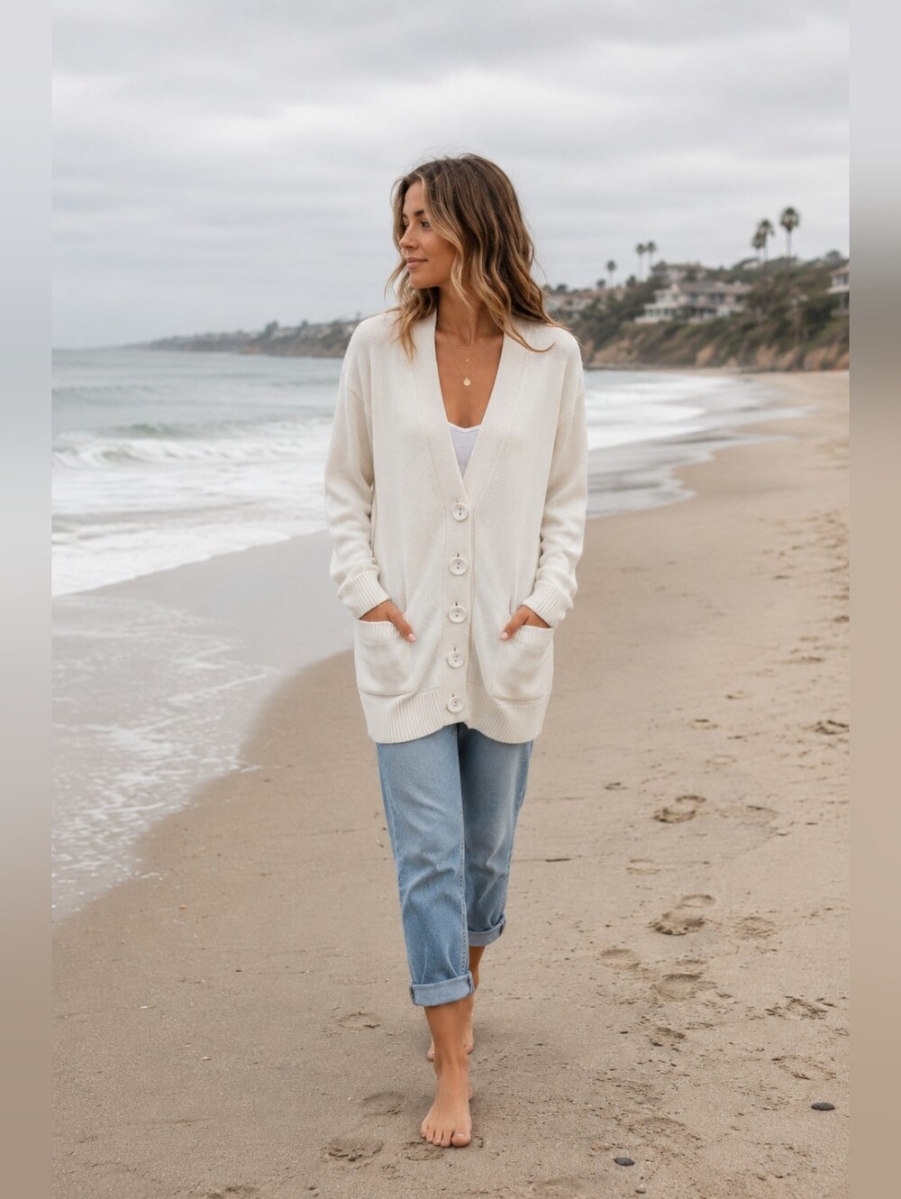 Spring + Mercer Longline V-neck Cardigan in Cream Coastal Grandma Women's L